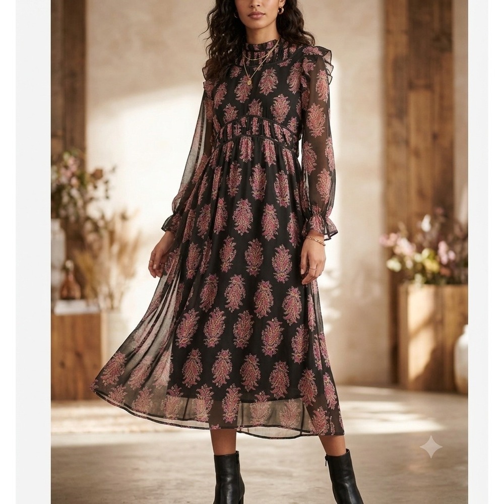 Mango MNG Paisley Chiffon Maxi Dress Black Pink Ruffle High Neck Womens Size 10